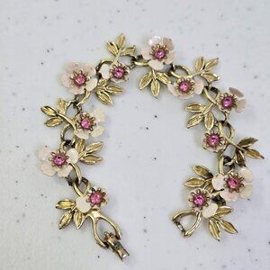 Coro Vintage Bracelet Floral White Pink Rhinestone Gold Tone Leaves 80s